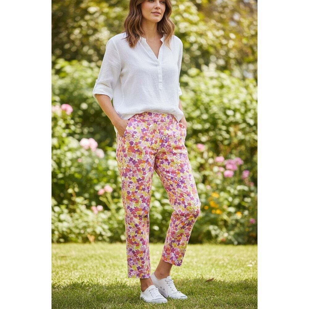 J. McLaughlin Wm’s Sz 6 Bright Pink Yellow Purple Floral Straight Ankle Pants